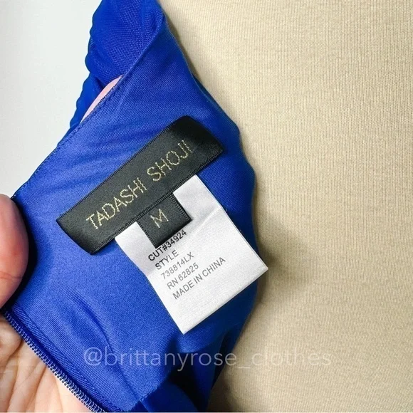 TADASHI SHOJI Asymmetrical Ruched Mesh Evening Formal Gown in Lake Blue - Picture 5 of 8